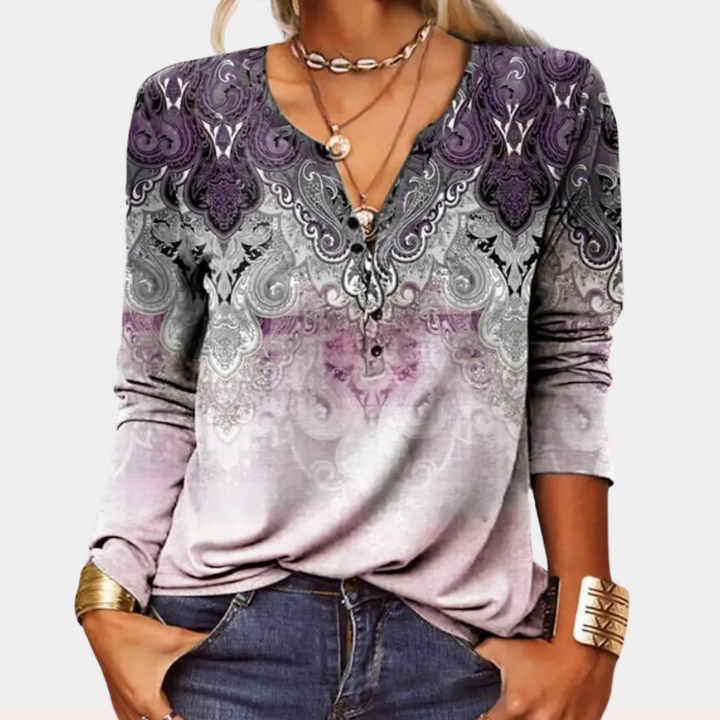 Boho Damen Langarmshirt mit V-Ausschnitt – Vintage Ethno-Muster & Farbverlauf | Lässig & Elegant für Frühling & Herbst