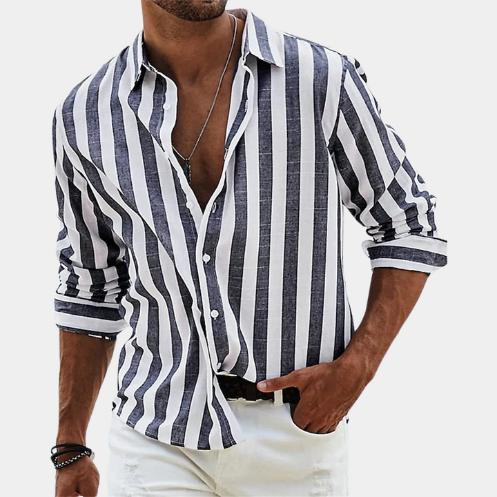 Herren Leinenhemd mit Streifen – Luftiges Freizeithemd mit Knopfleiste und Langarm für Sommer