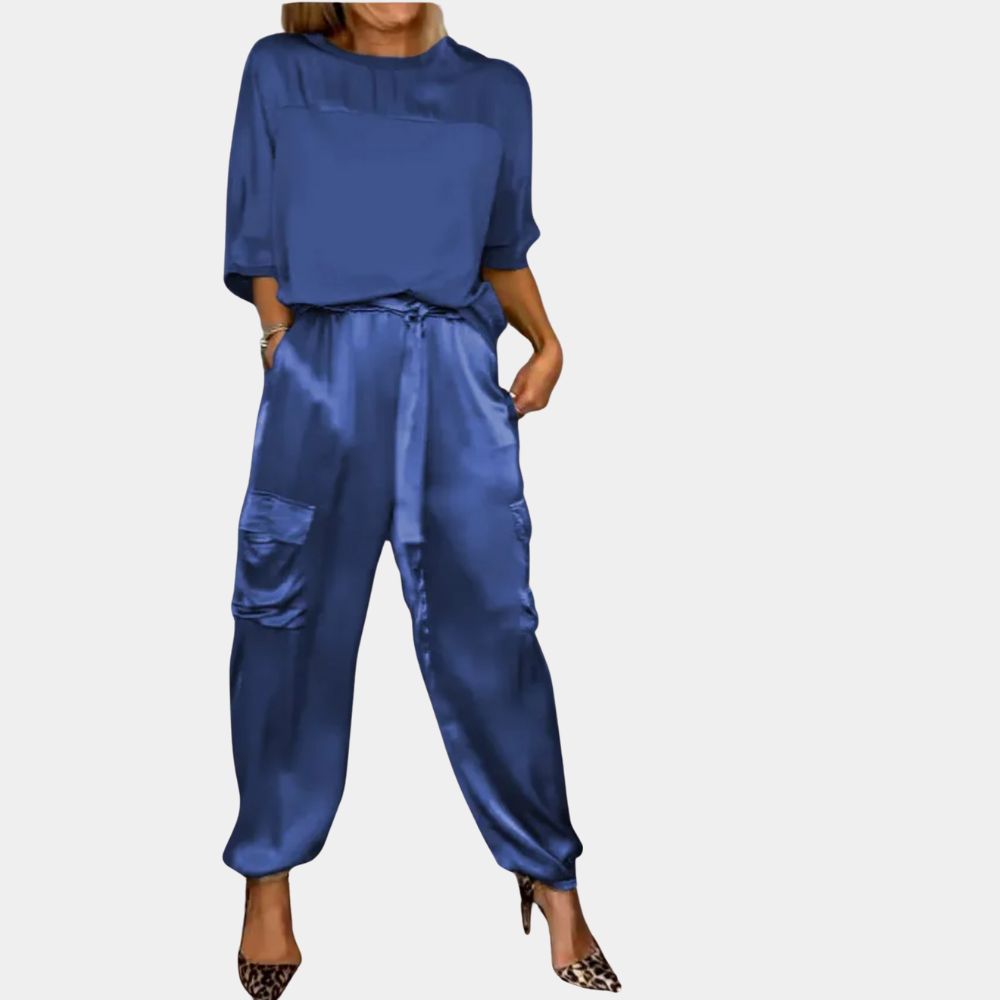 Set da donna in due pezzi in raso – Top ampio e pantaloni cargo in raso con tasche per look streetwear eleganti