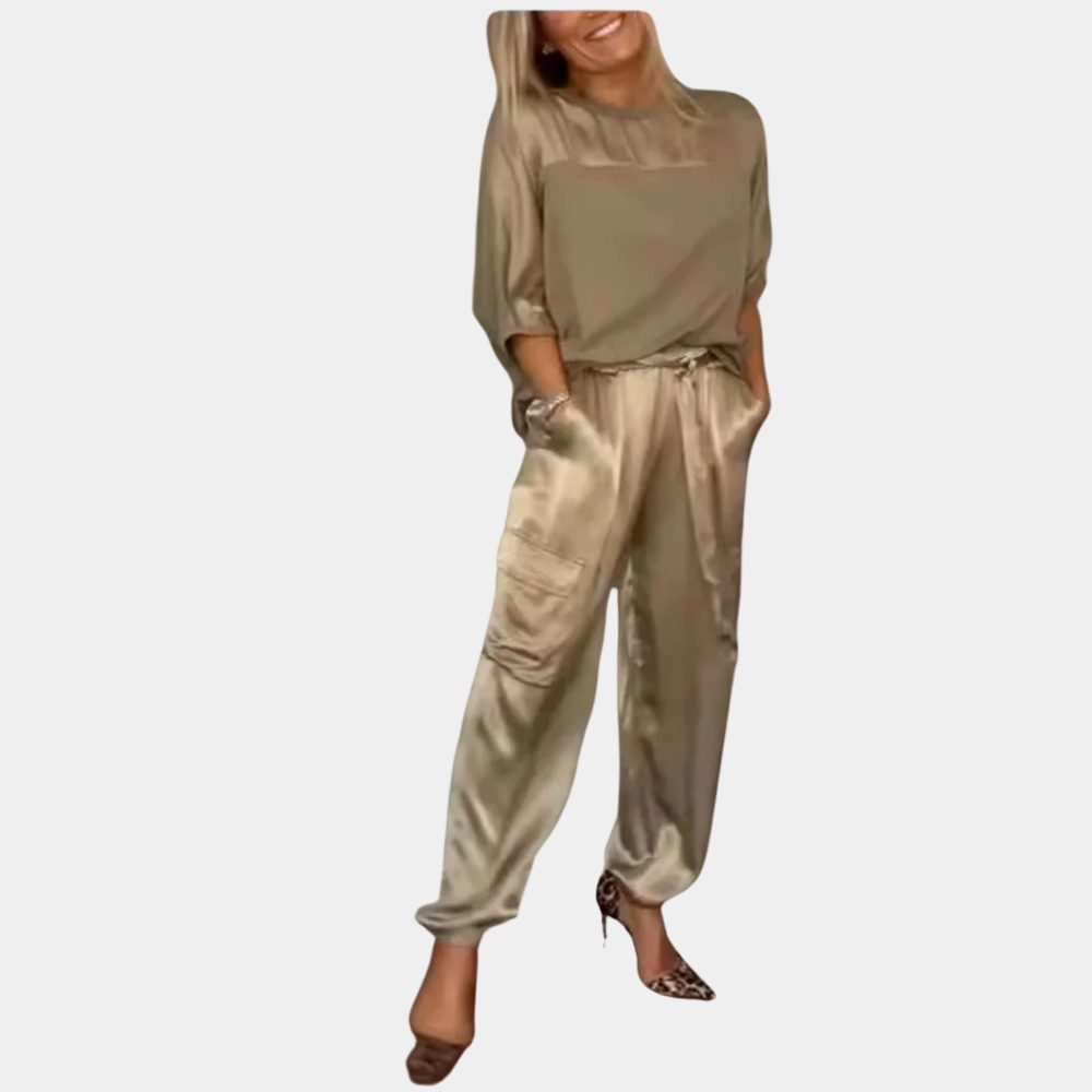 Set da donna in due pezzi in raso – Top ampio e pantaloni cargo in raso con tasche per look streetwear eleganti