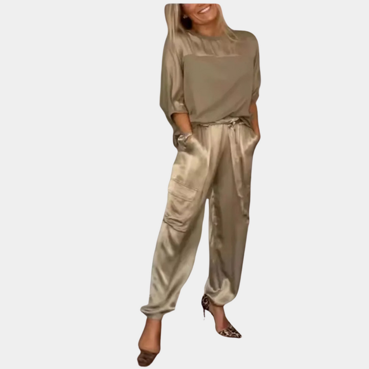 Set da donna in due pezzi in raso – Top ampio e pantaloni cargo in raso con tasche per look streetwear eleganti