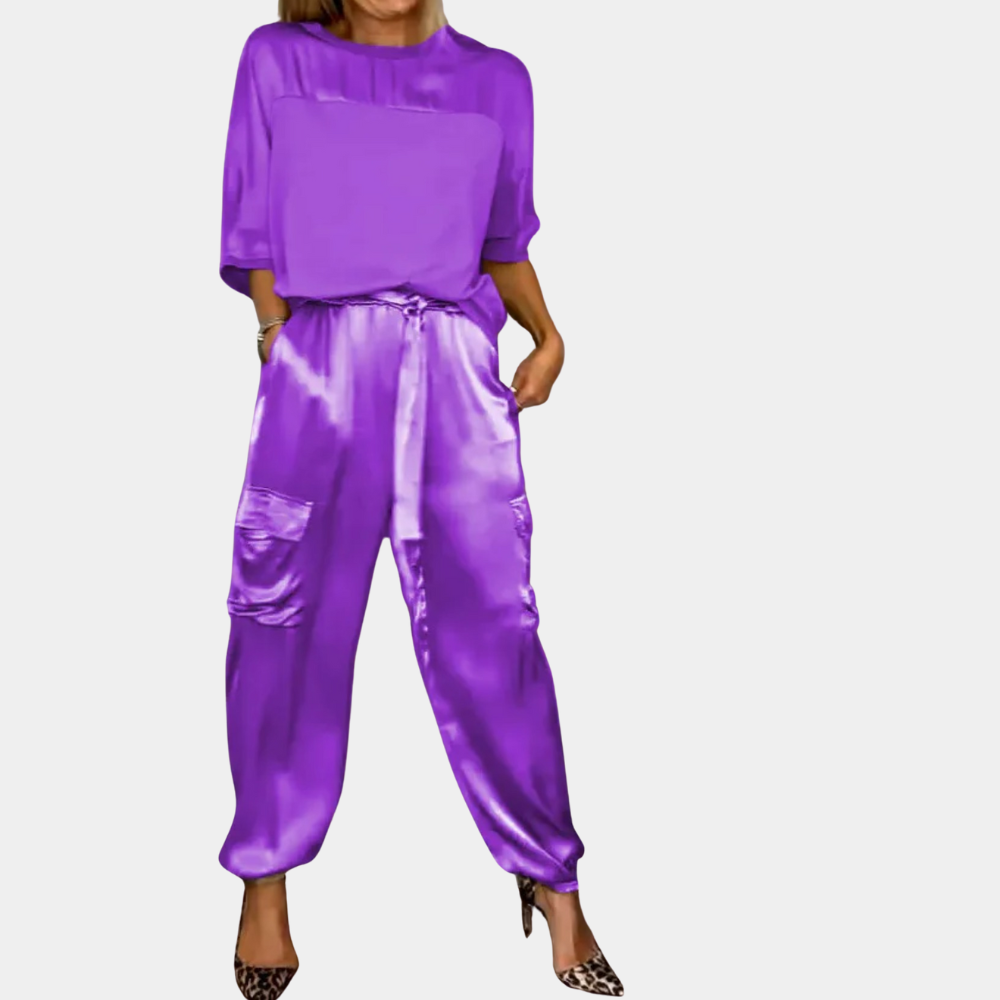 Set da donna in due pezzi in raso – Top ampio e pantaloni cargo in raso con tasche per look streetwear eleganti