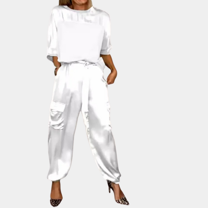 Set da donna in due pezzi in raso – Top ampio e pantaloni cargo in raso con tasche per look streetwear eleganti