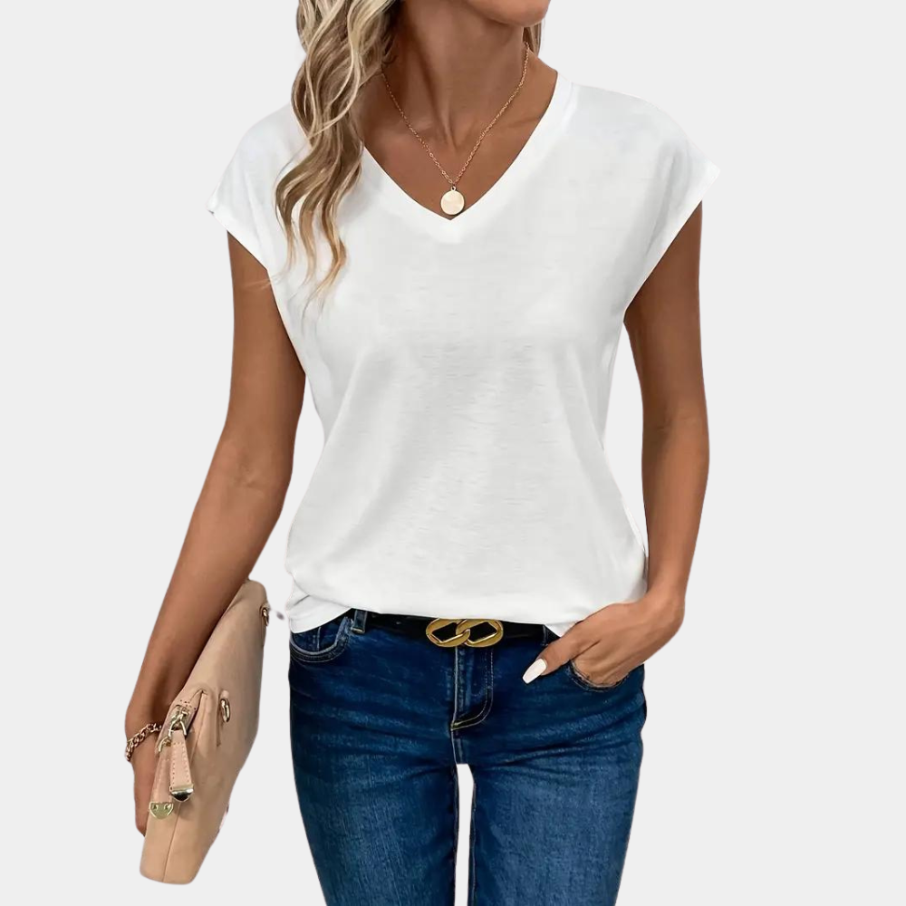 Basic T-shirt da donna con scollo a V – maglietta estiva ampia in cotone, senza maniche e casuale