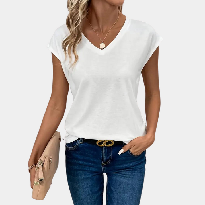 Basic T-shirt da donna con scollo a V – maglietta estiva ampia in cotone, senza maniche e casuale