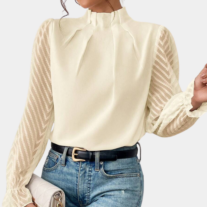 Elegante camicetta da donna con collo alla coreana e maniche trasparenti a righe