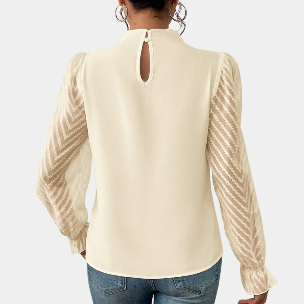 Elegante camicetta da donna con collo alla coreana e maniche trasparenti a righe