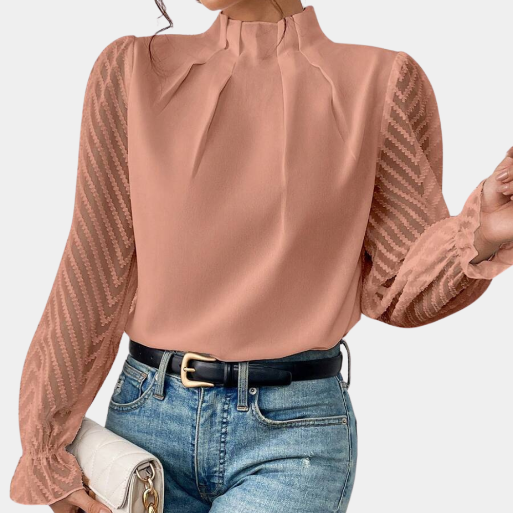 Elegante camicetta da donna con collo alla coreana e maniche trasparenti a righe