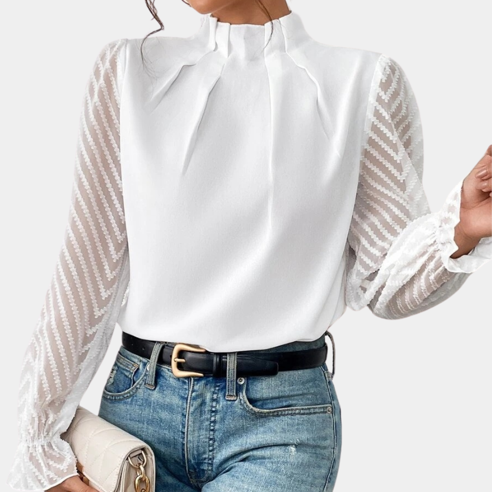 Elegante camicetta da donna con collo alla coreana e maniche trasparenti a righe