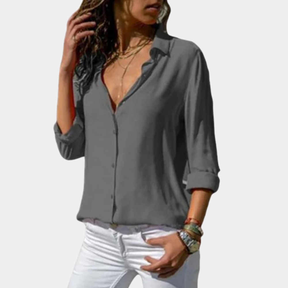 Camicetta da donna con scollo a V e fila di bottoni – elegante camicia a maniche lunghe per tempo libero e ufficio