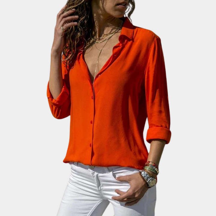 Camicetta da donna con scollo a V e fila di bottoni – elegante camicia a maniche lunghe per tempo libero e ufficio