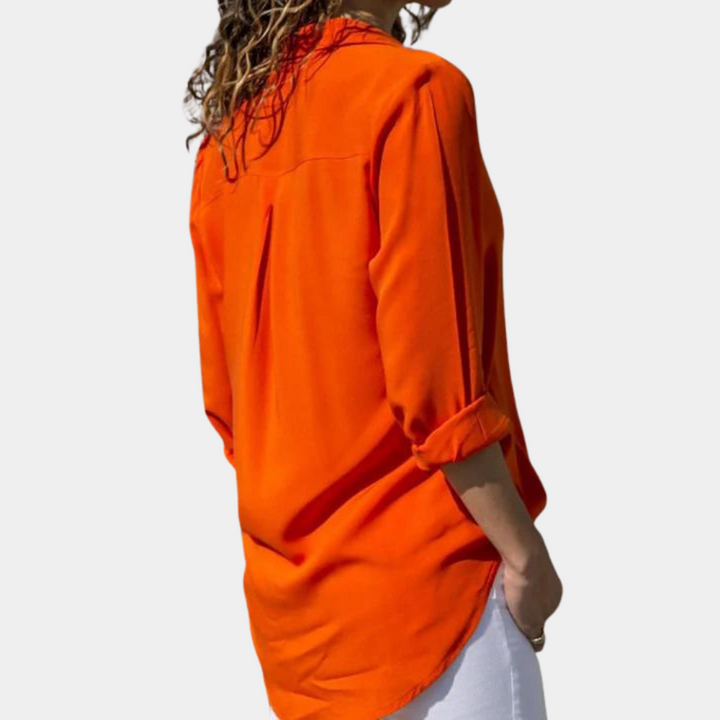 Camicetta da donna con scollo a V e fila di bottoni – elegante camicia a maniche lunghe per tempo libero e ufficio