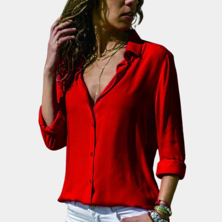 Camicetta da donna con scollo a V e fila di bottoni – elegante camicia a maniche lunghe per tempo libero e ufficio