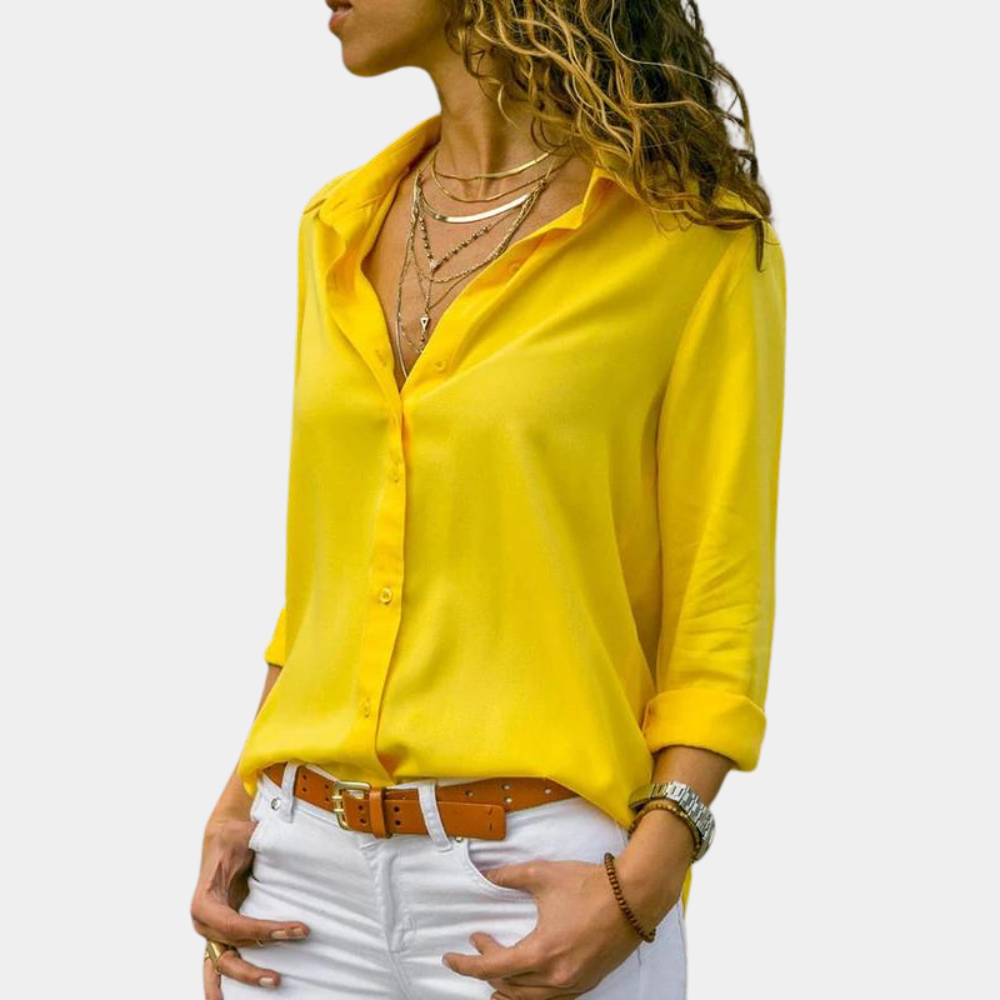 Camicetta da donna con scollo a V e fila di bottoni – elegante camicia a maniche lunghe per tempo libero e ufficio