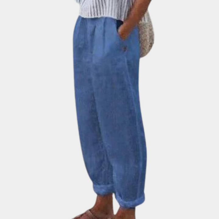 Pantalon d'été léger pour femmes à jambes larges – Pantalon en lin confortable avec poches pour la plage, les loisirs et les vacances