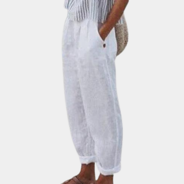 Pantalon d'été léger pour femmes à jambes larges – Pantalon en lin confortable avec poches pour la plage, les loisirs et les vacances