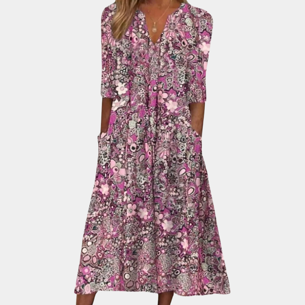 Boho Damen Midikleid mit floraler Musterung – Sommerkleid mit halblangen Ärmeln & V-Ausschnitt
