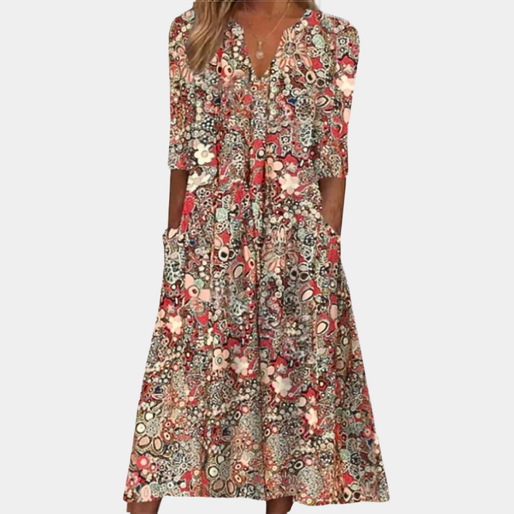 Boho Damen Midikleid mit floraler Musterung – Sommerkleid mit halblangen Ärmeln & V-Ausschnitt