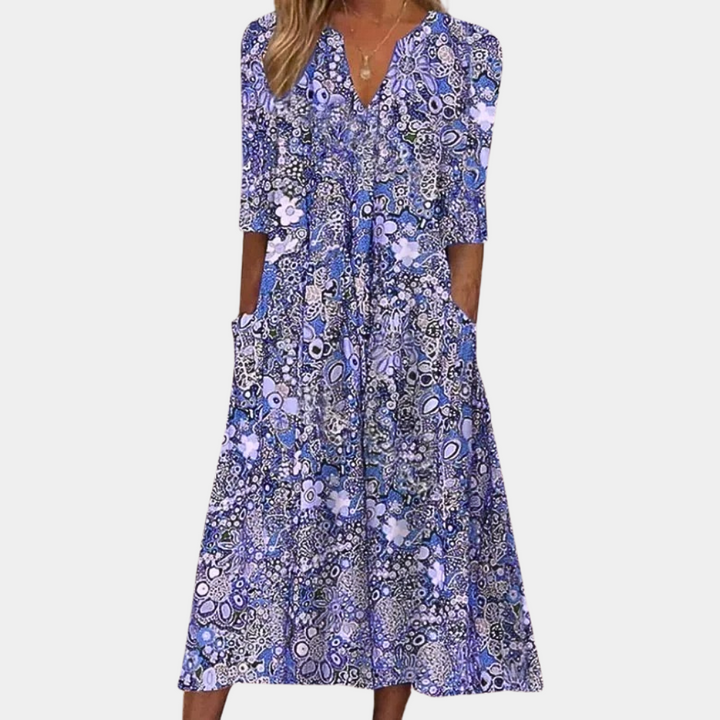 Boho Damen Midikleid mit floraler Musterung – Sommerkleid mit halblangen Ärmeln & V-Ausschnitt