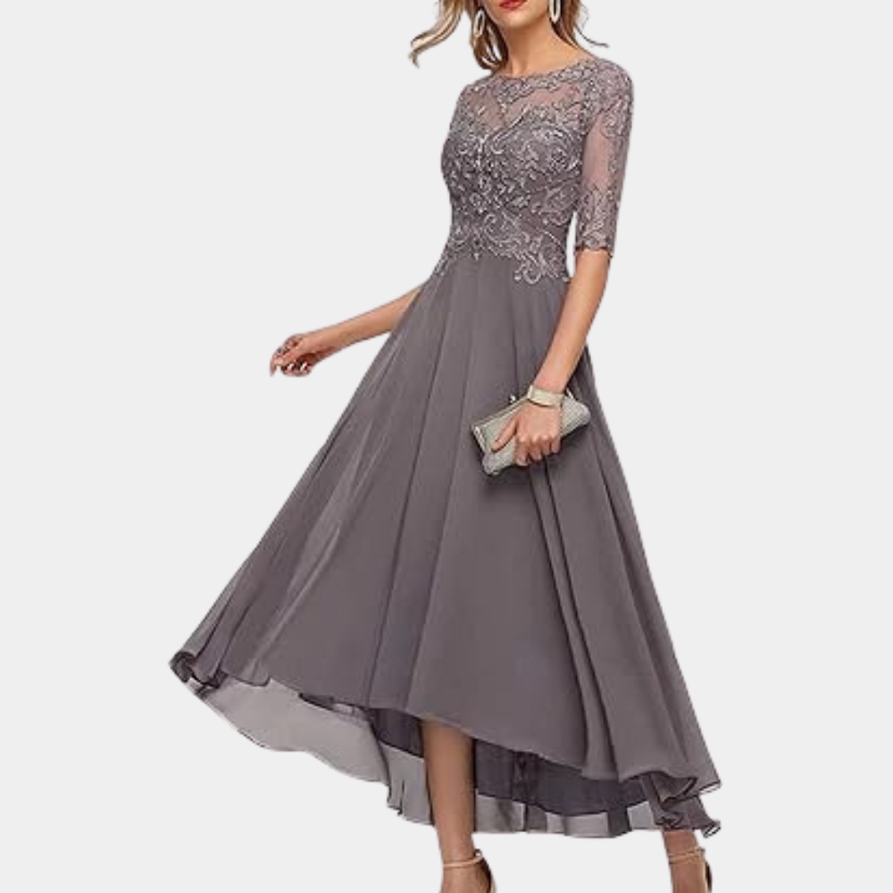 Elegantes Abendkleid Damen mit Spitze – A-Linien Kleid mit 3/4 Ärmeln & asymmetrischem Saum