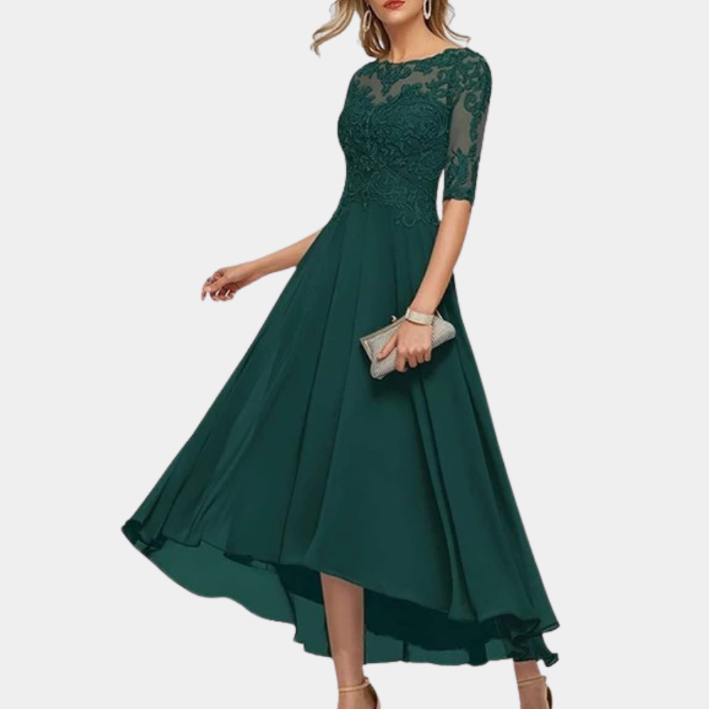 Elegantes Abendkleid Damen mit Spitze – A-Linien Kleid mit 3/4 Ärmeln & asymmetrischem Saum