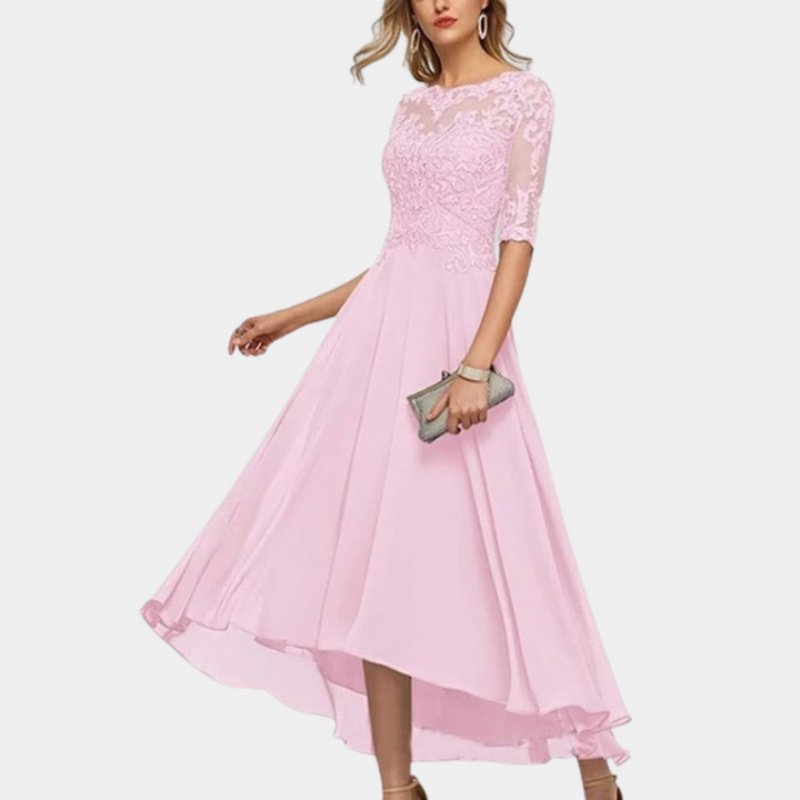 Elegantes Abendkleid Damen mit Spitze – A-Linien Kleid mit 3/4 Ärmeln & asymmetrischem Saum