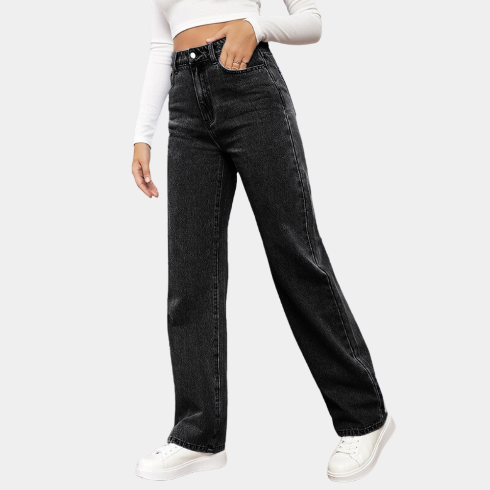 Jean taille haute femme – coupe droite mom fit denim avec poches et ceinture élastique