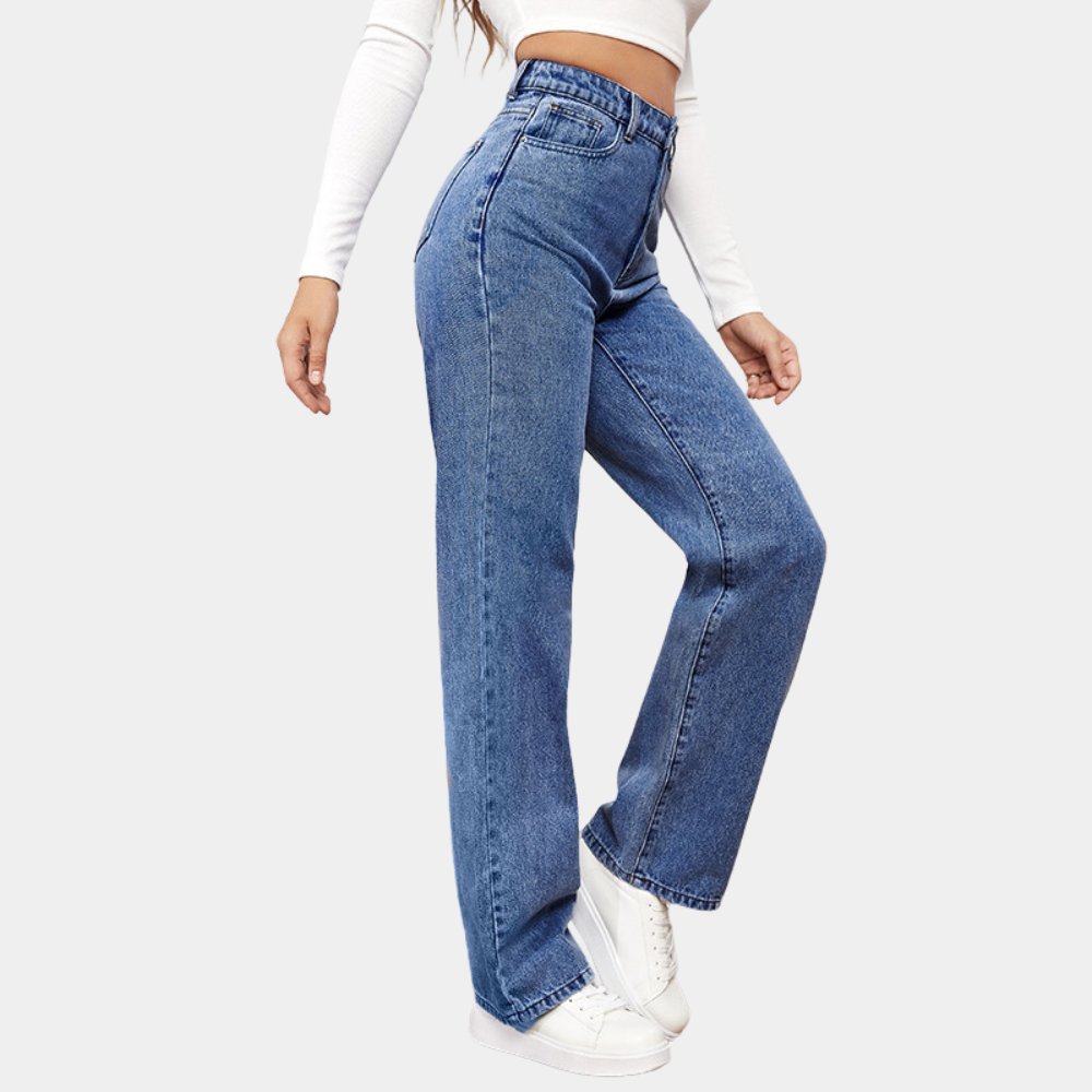 Jean taille haute femme – coupe droite mom fit denim avec poches et ceinture élastique