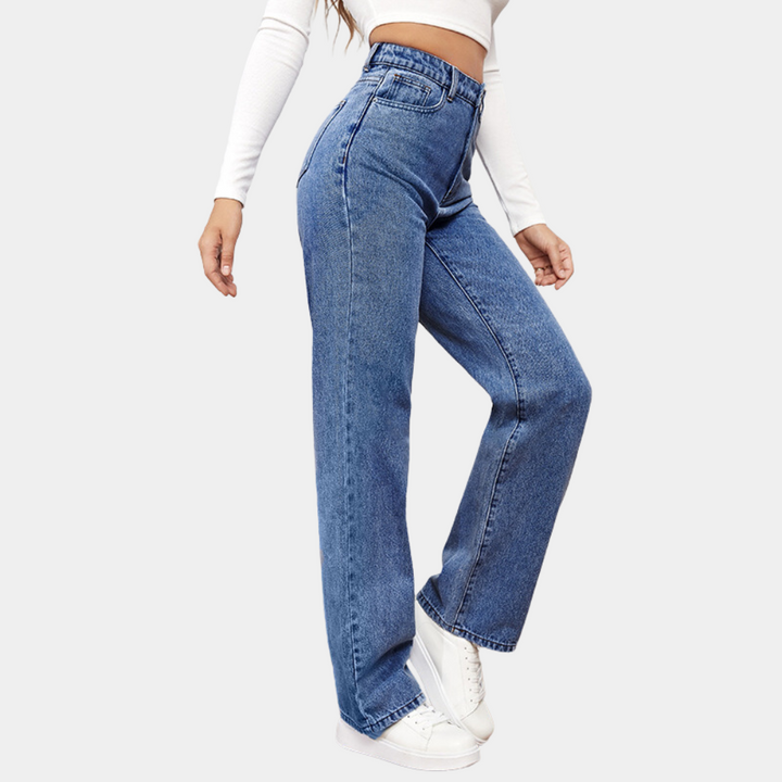 Jean taille haute femme – coupe droite mom fit denim avec poches et ceinture élastique