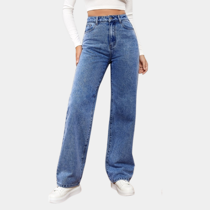 Jean taille haute femme – coupe droite mom fit denim avec poches et ceinture élastique