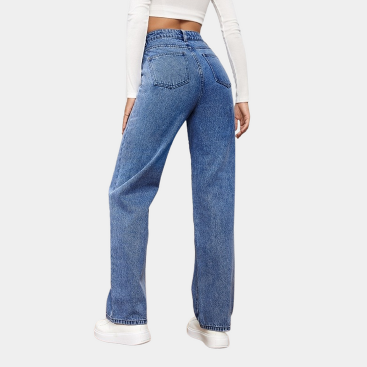 Jean taille haute femme – coupe droite mom fit denim avec poches et ceinture élastique