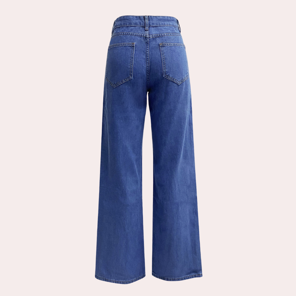 Jean taille haute femme – coupe droite mom fit denim avec poches et ceinture élastique