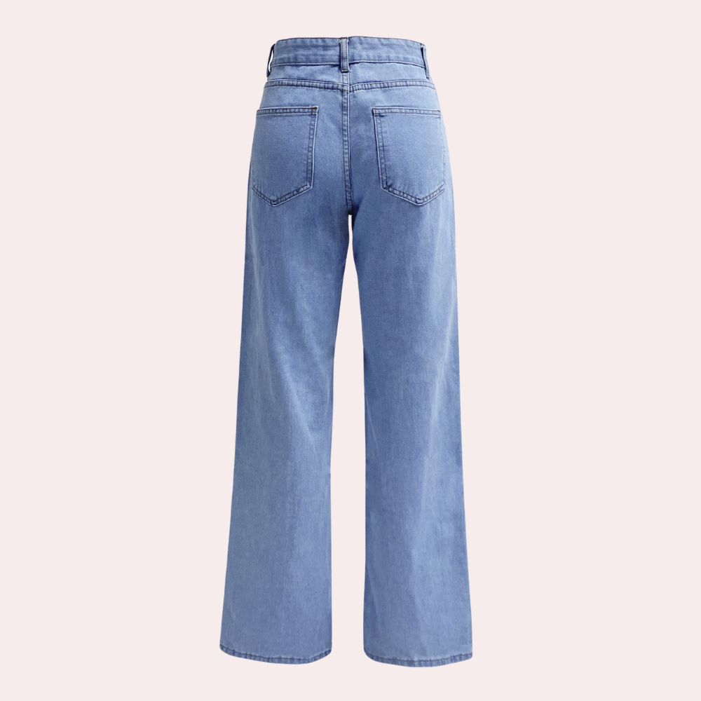 Jean taille haute femme – coupe droite mom fit denim avec poches et ceinture élastique