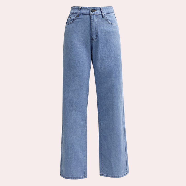 Jean taille haute femme – coupe droite mom fit denim avec poches et ceinture élastique