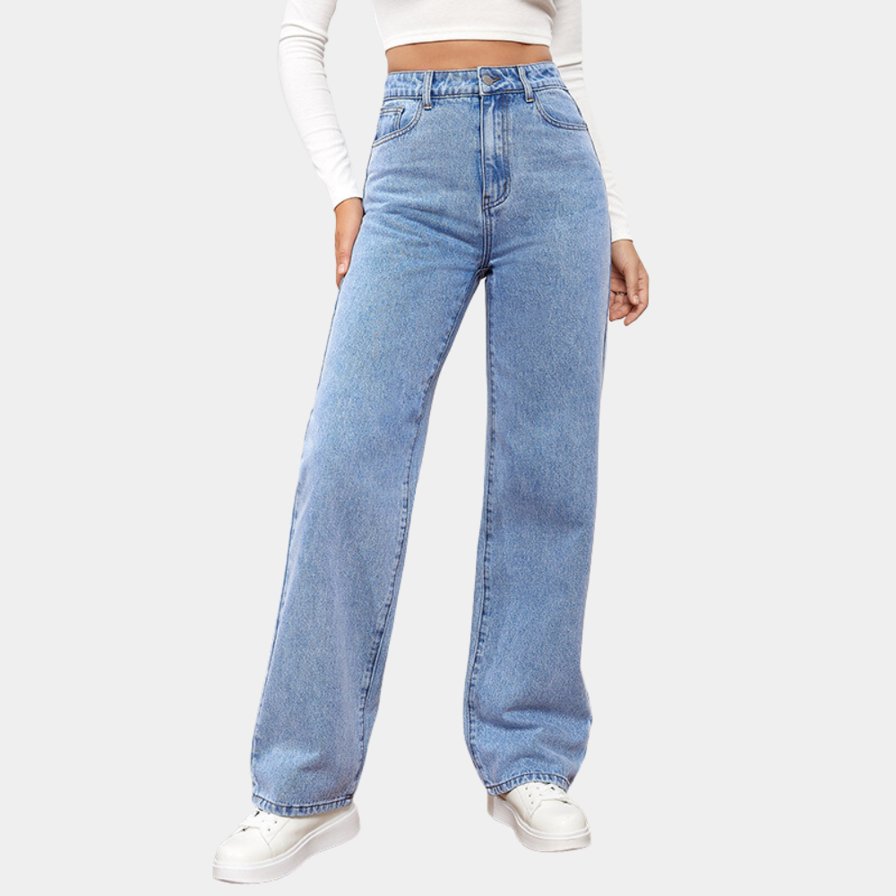 Jean taille haute femme – coupe droite mom fit denim avec poches et ceinture élastique