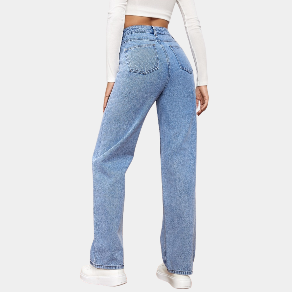 Jean taille haute femme – coupe droite mom fit denim avec poches et ceinture élastique
