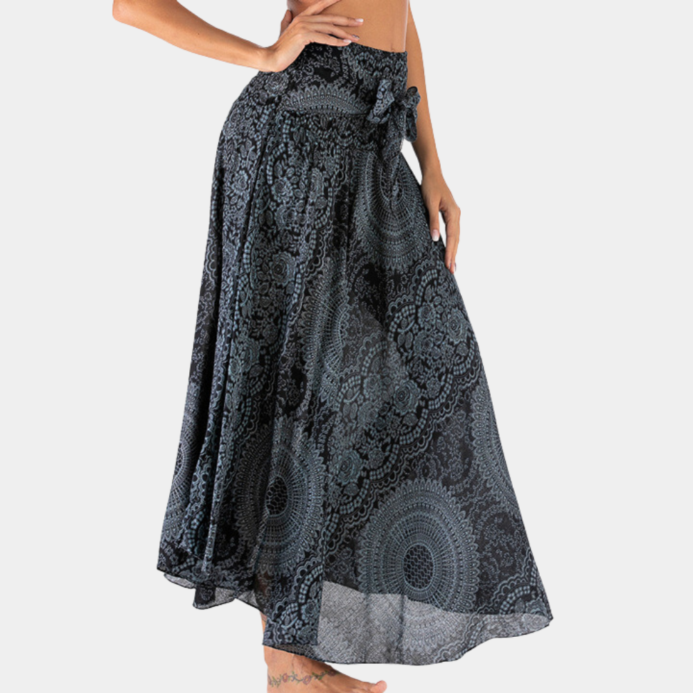 Gonna lunga boho da donna con stampa mandala – gonna estiva a vita alta con fiocco, ariosa ed elegante