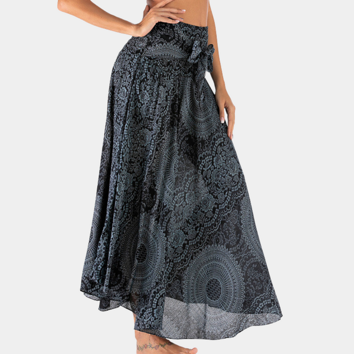 Gonna lunga boho da donna con stampa mandala – gonna estiva a vita alta con fiocco, ariosa ed elegante