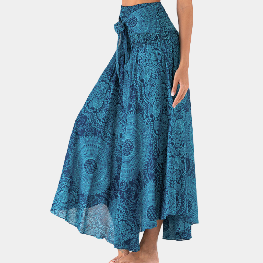 Gonna lunga boho da donna con stampa mandala – gonna estiva a vita alta con fiocco, ariosa ed elegante