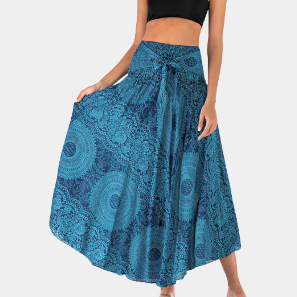 Gonna lunga boho da donna con stampa mandala – gonna estiva a vita alta con fiocco, ariosa ed elegante