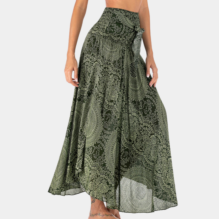 Gonna lunga boho da donna con stampa mandala – gonna estiva a vita alta con fiocco, ariosa ed elegante