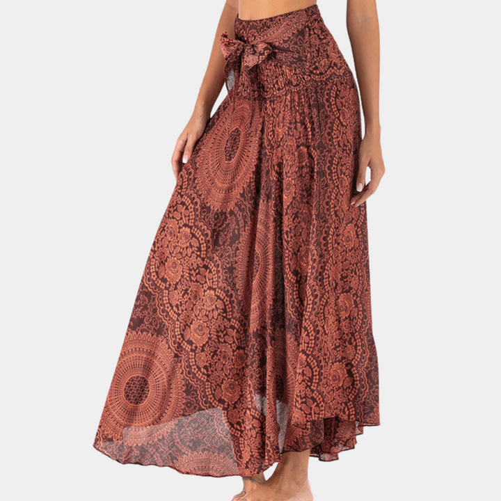 Gonna lunga boho da donna con stampa mandala – gonna estiva a vita alta con fiocco, ariosa ed elegante
