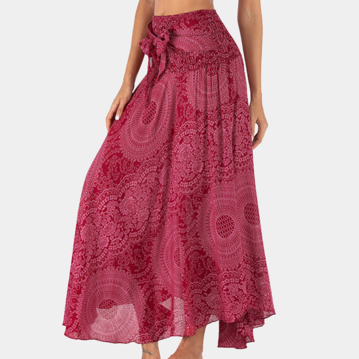 Gonna lunga boho da donna con stampa mandala – gonna estiva a vita alta con fiocco, ariosa ed elegante