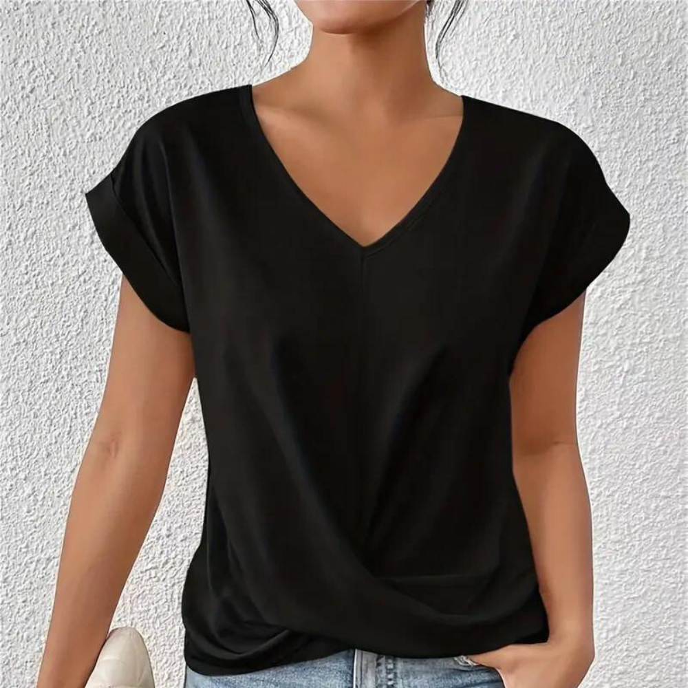 T-shirt da donna con scollo a V – Maglietta basic ampia con dettaglio nodo