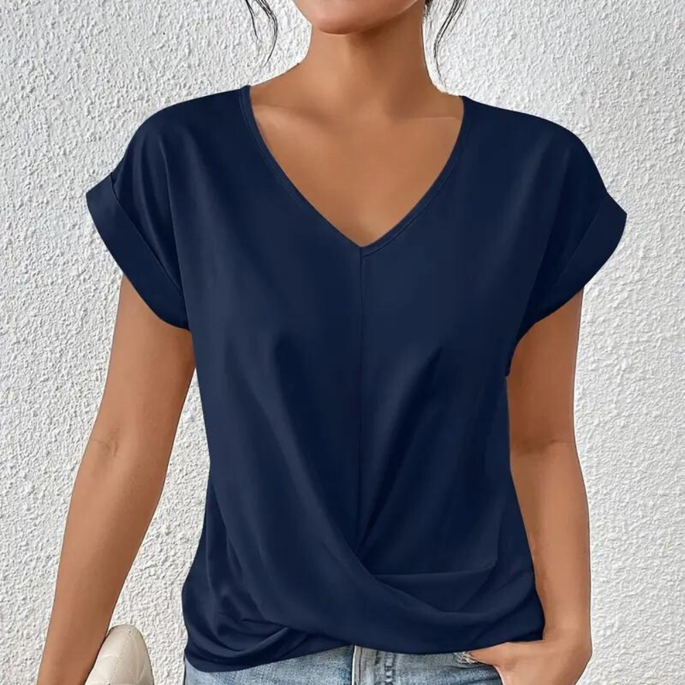 T-shirt da donna con scollo a V – Maglietta basic ampia con dettaglio nodo
