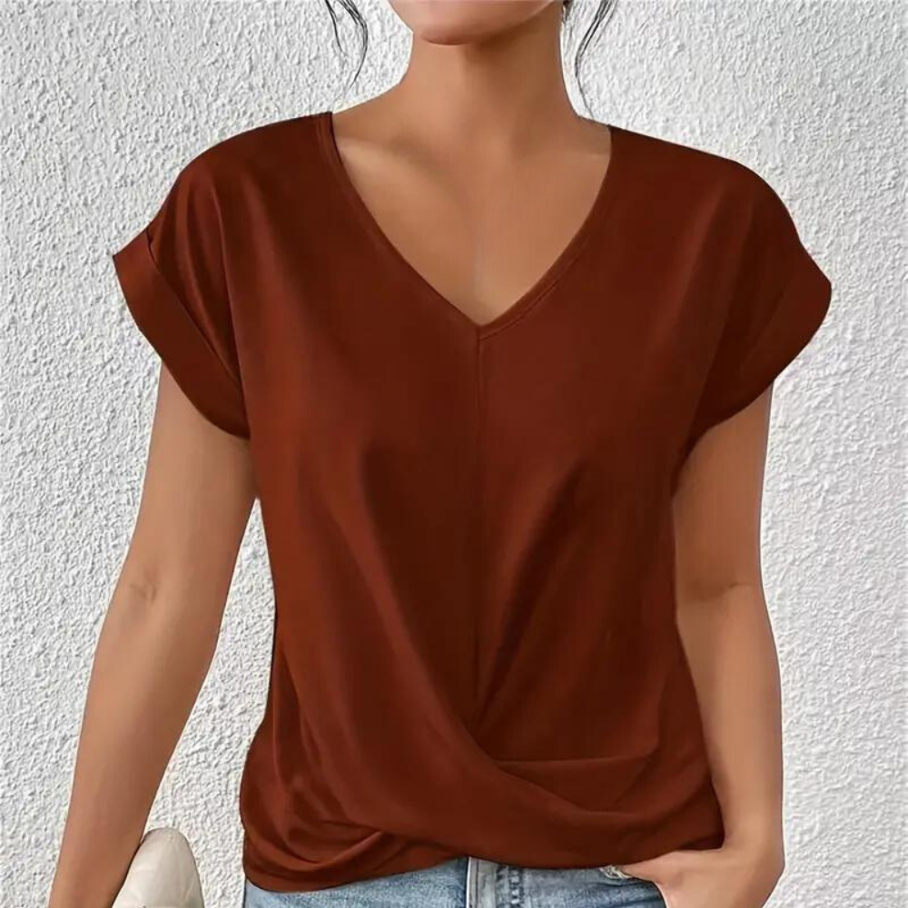 T-shirt da donna con scollo a V – Maglietta basic ampia con dettaglio nodo