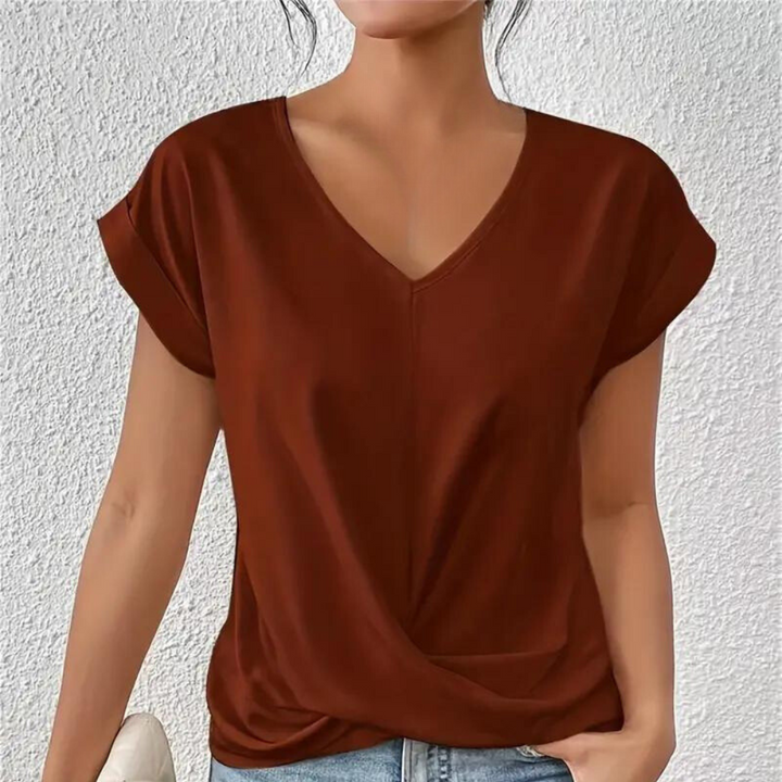 T-shirt da donna con scollo a V – Maglietta basic ampia con dettaglio nodo