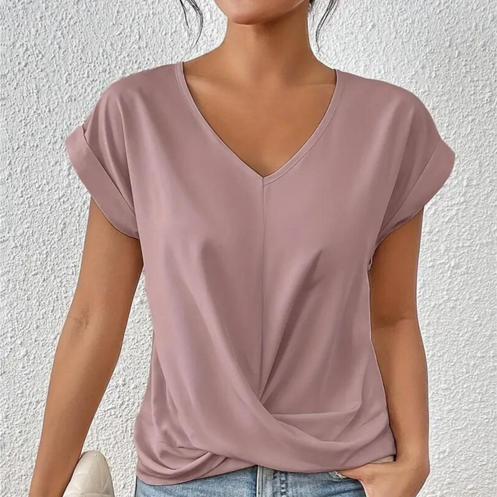 T-shirt da donna con scollo a V – Maglietta basic ampia con dettaglio nodo
