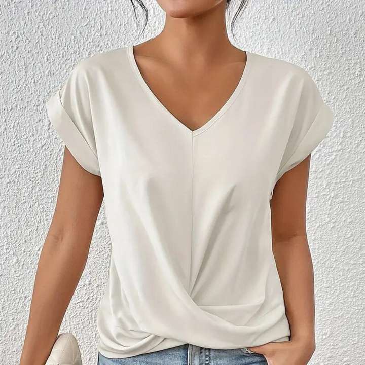 T-shirt da donna con scollo a V – Maglietta basic ampia con dettaglio nodo