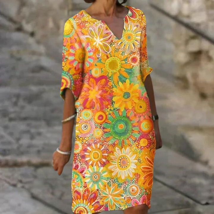 Abito estivo da donna con stampa floreale – Tunica ampia con scollo a V e maniche 3/4